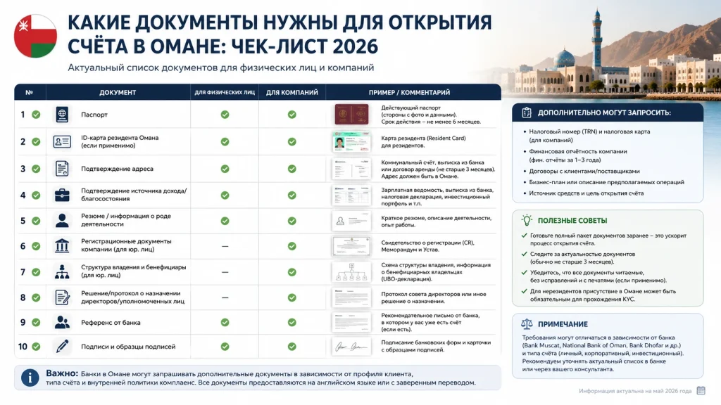 Какие документы нужны для открытия счёта в Омане чек-лист 2026 с примерами
